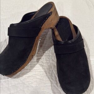Sanita Black Leather Mules with Wooden Sole
